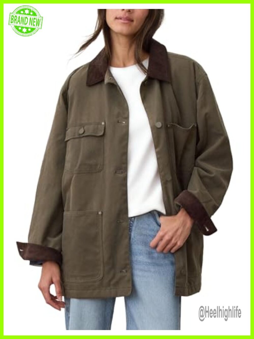 Womens Utility Jacket Oversized Vintage Corduroy Collar Coat Cotton Button Front
